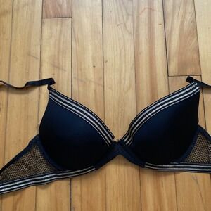 La Senza Black Push Up Bra Mesh Detail Gold Stripe Accents Size 32B
